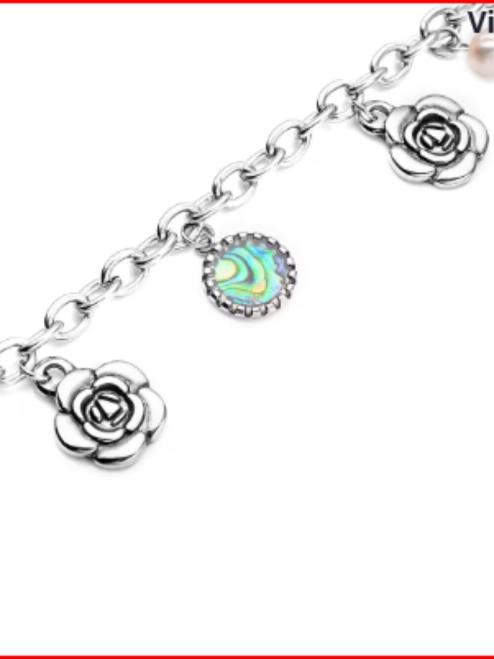 Abalone Shell and Freshwater Pearl Charm Anklet in Black Oxidized Stainless Stee - Picture 3 of 4